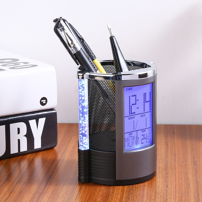 Digital LCD Desk Alarm Clock Pen Holder